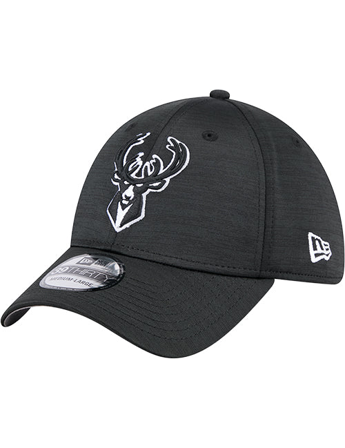 New Era 39Thirty Tech Black Milwaukee Bucks Flex Fit Hat-angled left