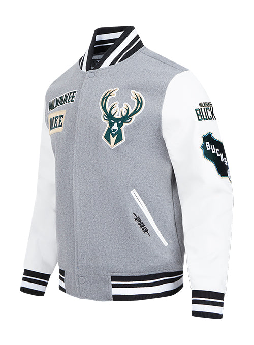 Pro Standard Area Code Milwaukee Bucks Wool Varsity Jacket-angled front