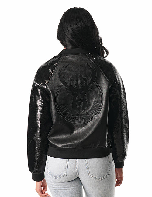 Women's The Wild Collective Faux Leather Sequin Milwaukee Bucks Jacket-back