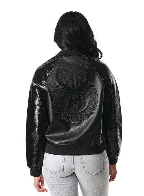 Women's The Wild Collective Faux Leather Sequin Milwaukee Bucks Jacket-back