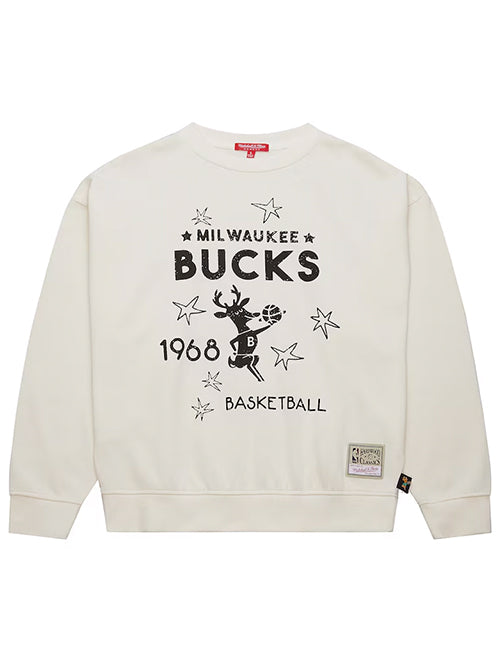 Women's Mitchell & Ness HWC '68 Cream Milwaukee Bucks Crewneck Sweatshirt-front