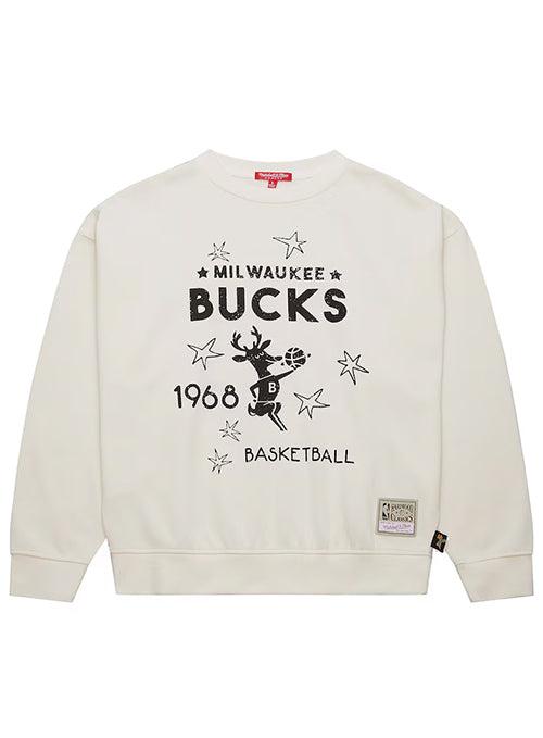 Women's Mitchell & Ness HWC '68 Cream Milwaukee Bucks Crewneck Sweatshirt-front