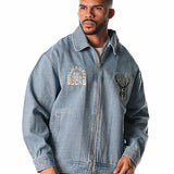 The Wild Collective Milwaukee Bucks Icon Logo Denim Jacket-front, male model