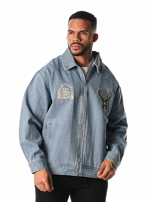 The Wild Collective Milwaukee Bucks Icon Logo Denim Jacket-front, male model