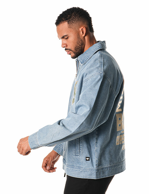 The Wild Collective Milwaukee Bucks Icon Logo Denim Jacket-side, male model