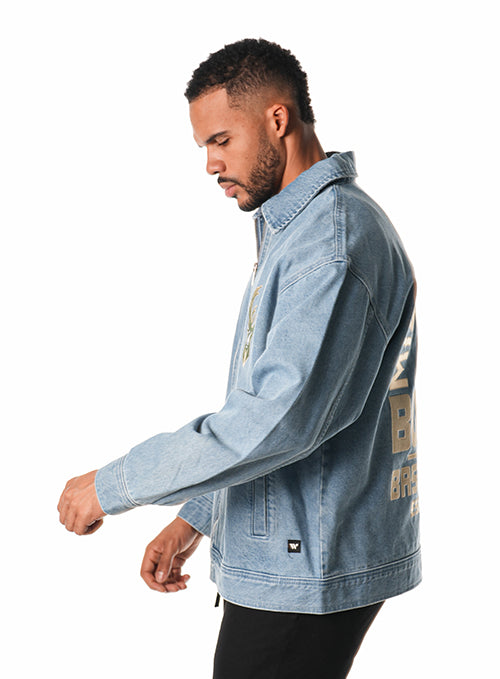 The Wild Collective Milwaukee Bucks Icon Logo Denim Jacket-side, male model