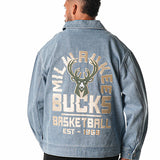 The Wild Collective Milwaukee Bucks Icon Logo Denim Jacket-back, male model