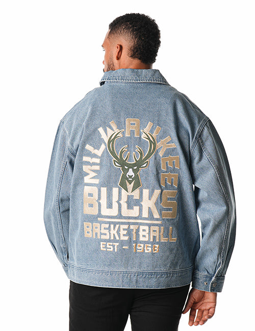 The Wild Collective Milwaukee Bucks Icon Logo Denim Jacket-back, male model