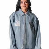 The Wild Collective Milwaukee Bucks Icon Logo Denim Jacket-front, female model