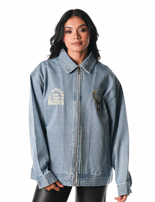 The Wild Collective Milwaukee Bucks Icon Logo Denim Jacket-front, female model