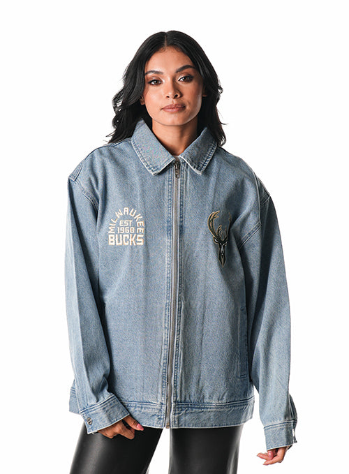 The Wild Collective Milwaukee Bucks Icon Logo Denim Jacket-front, female model