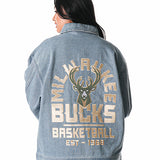 The Wild Collective Milwaukee Bucks Icon Logo Denim Jacket-back, female model
