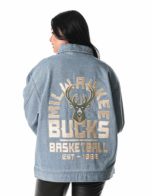 The Wild Collective Milwaukee Bucks Icon Logo Denim Jacket-back, female model
