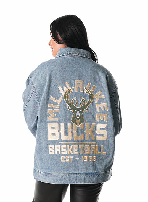 The Wild Collective Milwaukee Bucks Icon Logo Denim Jacket-back, female model
