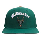 Pro Standard Old English Milwaukee Bucks Forest Snapback Hat-front