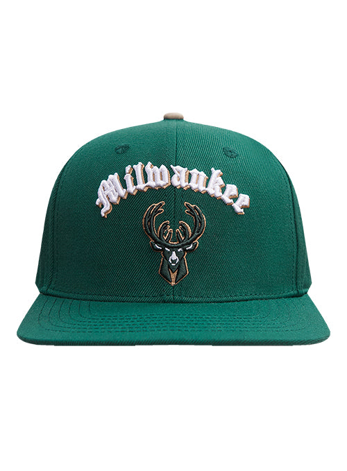 Pro Standard Old English Milwaukee Bucks Forest Snapback Hat-front