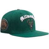 Pro Standard Old English Milwaukee Bucks Forest Snapback Hat-angled right