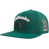 Pro Standard Old English Milwaukee Bucks Forest Snapback Hat-angled left