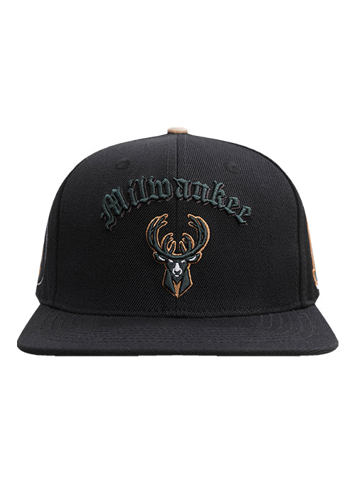 Pro Standard Old English Milwaukee Bucks Black Snapback Hat-front