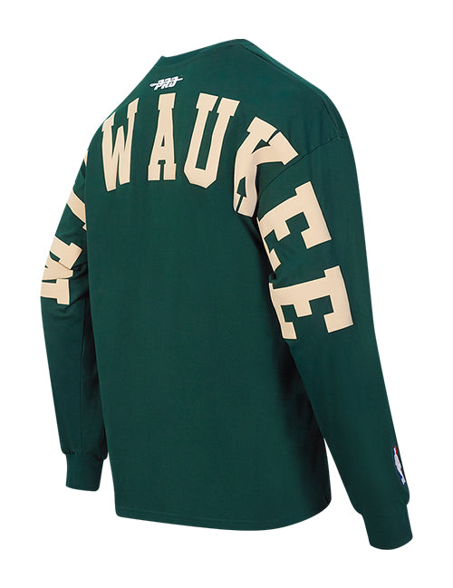 Pro Standard Wingspan Forest Drop Shoulder Milwaukee Bucks Long Sleeve T-Shirt- angled back