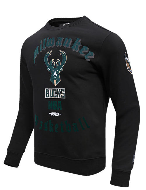 Pro Standard Old English Milwaukee Bucks Crewneck Sweatshirt-angled front 