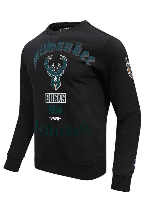 Pro Standard Old English Milwaukee Bucks Crewneck Sweatshirt-angled front 