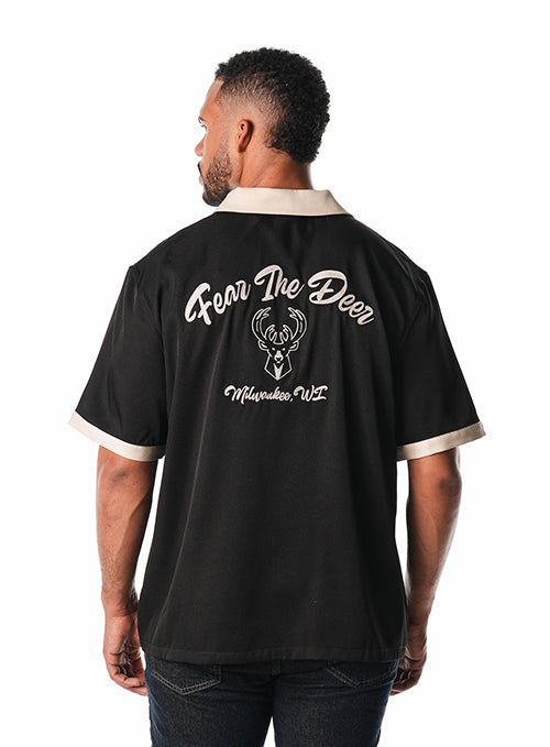 The Wild Collective Fear The Deer Button Up Milwaukee Bucks Bowling Shirt-back, male model