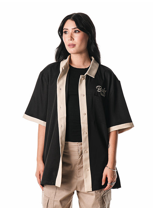 The Wild Collective Fear The Deer Button Up Milwaukee Bucks Bowling Shirt-front, female model