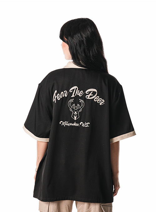 The Wild Collective Fear The Deer Button Up Milwaukee Bucks Bowling Shirt-back, female model