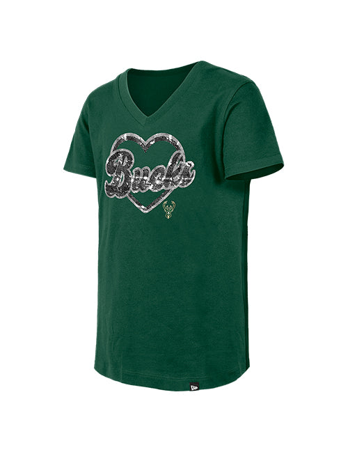 Youth New Era Glitter Heart Milwaukee Bucks T-Shirt-front