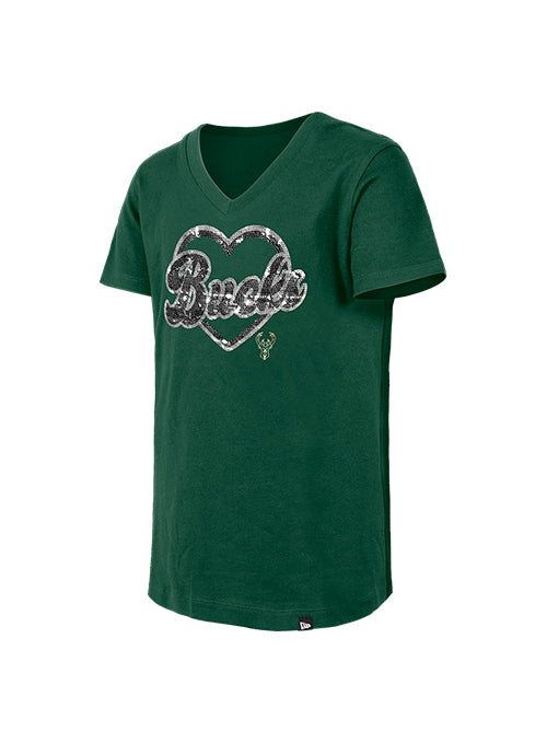 Youth New Era Glitter Heart Milwaukee Bucks T-Shirt-front