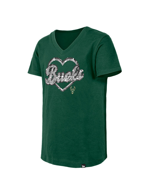 Youth New Era Glitter Heart Milwaukee Bucks T-Shirt-front 2