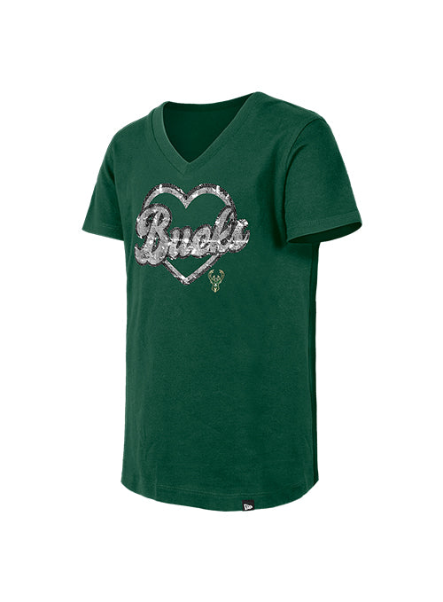 Youth New Era Glitter Heart Milwaukee Bucks T-Shirt-front 2