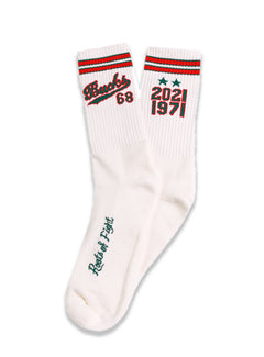 Bucks In Six x Roots Of Fight Double Stripe Script Milwaukee Bucks Crew Socks