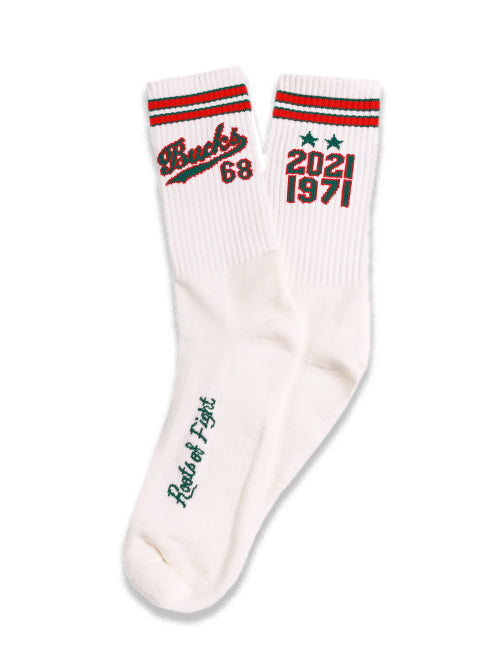 Bucks In Six x Roots Of Fight Double Stripe Script Milwaukee Bucks Crew Socks