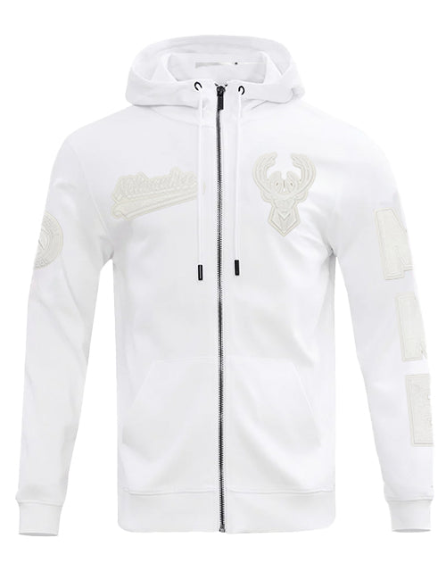 Pro Standard White Out Milwaukee Bucks Full Zip Hooded Sweatshirt