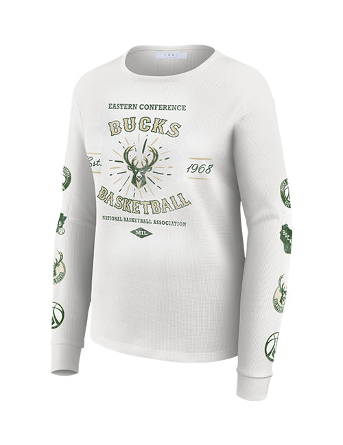 Women's Wear By Erin Andrews Logos Milwaukee Bucks Waffle-Knit Long Sleeve T-Shirt-front