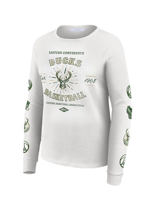 Women's Wear By Erin Andrews Logos Milwaukee Bucks Waffle-Knit Long Sleeve T-Shirt-front
