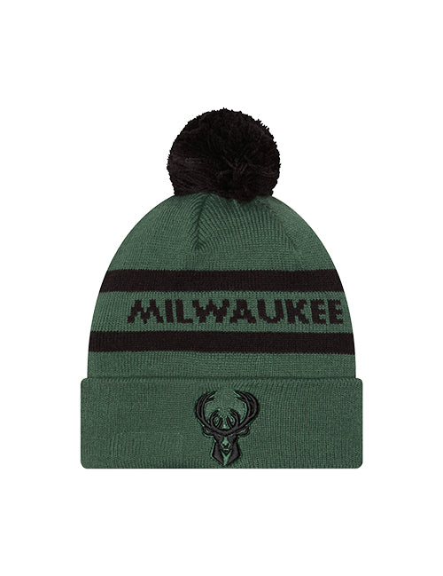 New Era Text Green Milwaukee Bucks Pom Knit Hat-front
