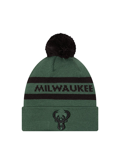 New Era Text Green Milwaukee Bucks Pom Knit Hat-front