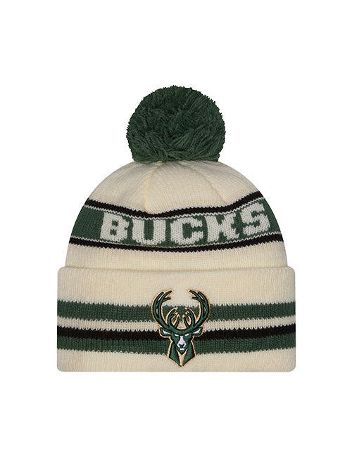 New Era Classic Cream Milwaukee Bucks Pom Knit Hat-front