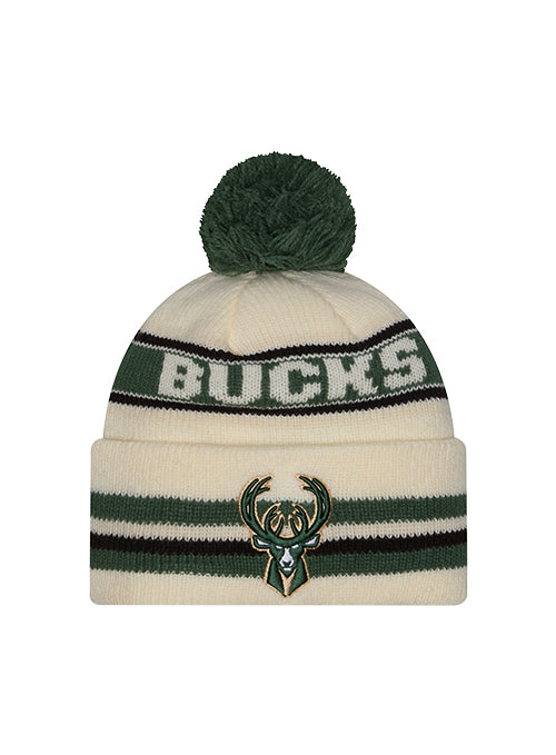 New Era Classic Cream Milwaukee Bucks Pom Knit Hat-front