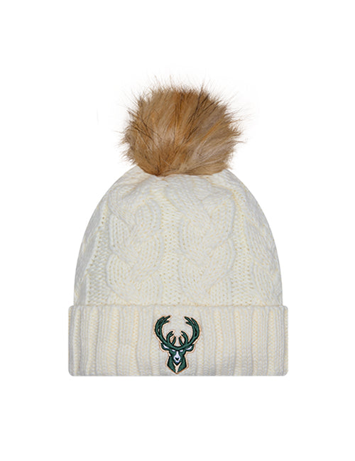 Women's New Era Faux Fur Milwaukee Bucks Pom Knit Hat-front