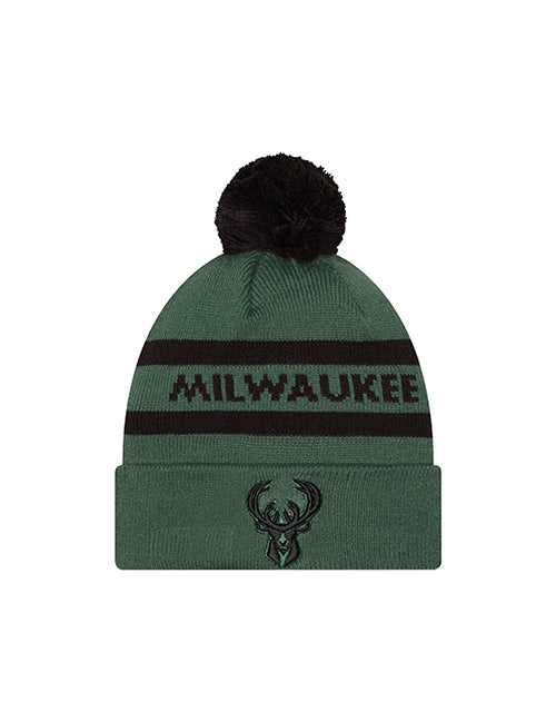 Youth New Era 2-Tone Text Milwaukee Bucks Pom Knit Hat-front