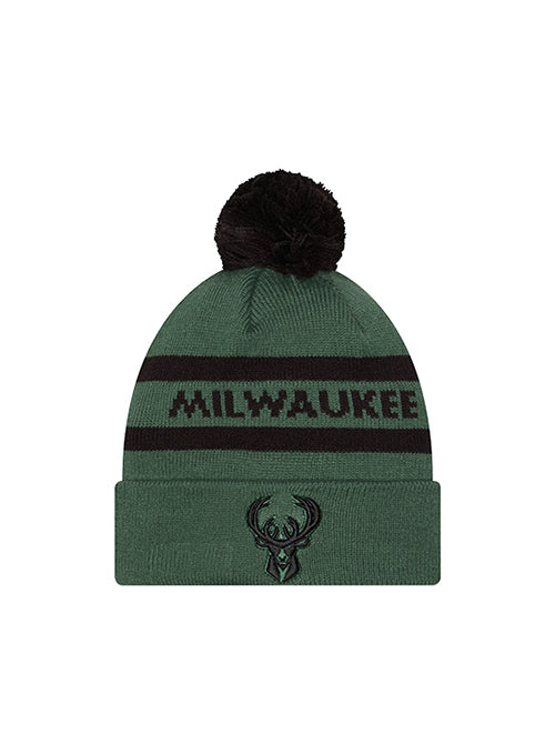 Youth New Era 2-Tone Text Milwaukee Bucks Pom Knit Hat-front