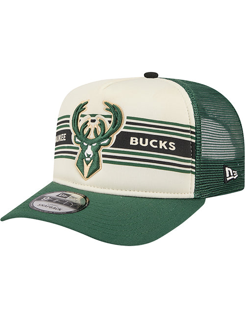 New Era 9FIfity A-Frame Banner Milwaukee Bucks Trucker Snapback Hat=left