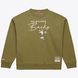 Women's Mitchell & Ness HWC '68 Olive  Milwaukee Bucks Crewneck Sweatshirt