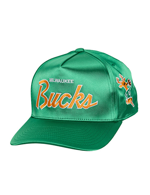 Mitchell & Ness HWC '68 Script Milwaukee Bucks Satin Snapback Hat-front