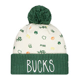 New Era Wisconsin All Over Print Milwaukee Bucks Cuff Pom Knit Hat-front