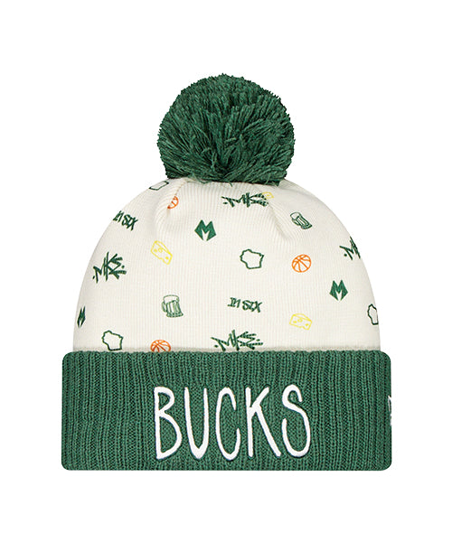 New Era Wisconsin All Over Print Milwaukee Bucks Cuff Pom Knit Hat-front